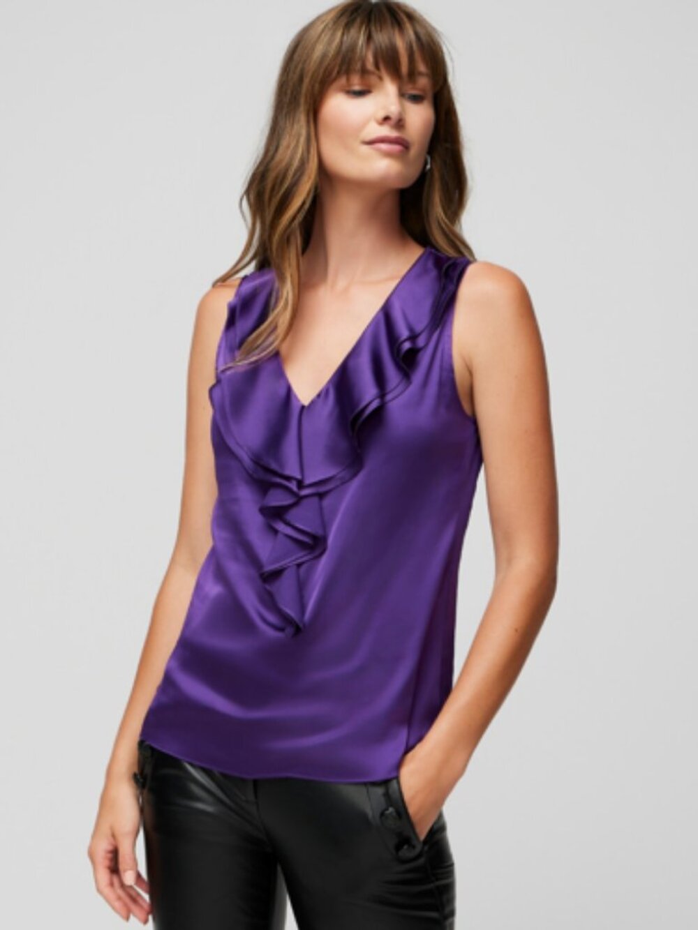 White House Black Market Purple Satin Ruffle Top